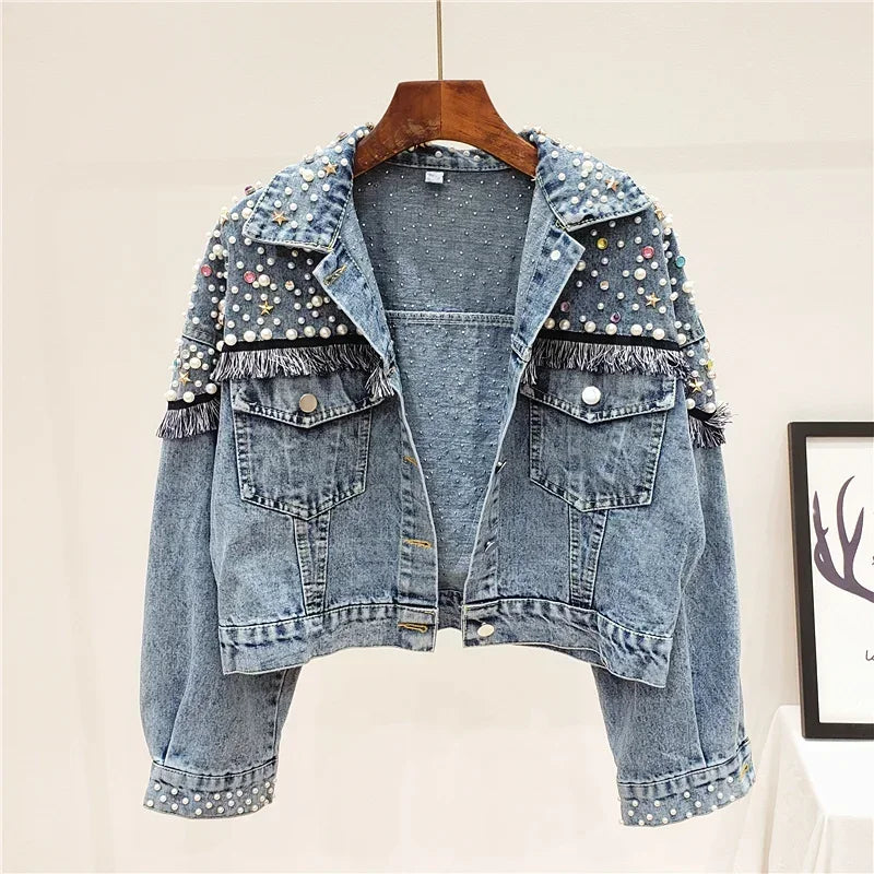 2024 Nuova giacca di jeans da donna primavera autunno streetwear con perle borchiate a mano, punk, nappa, giacca da donna, jeans corti larghi, cappotti