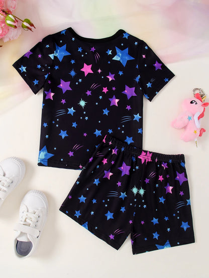 Set di 2 pezzi per pigiama estivo da bambina con unicorno luminoso, maniche corte e pantaloncini.