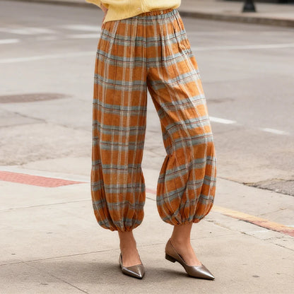 Trendy Plaid Lantern Drawstring Casual Pants Loose Fit With Drawstring Versatile Womens Everyday Workwear Pants Trafizaran