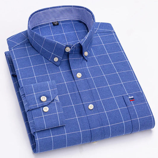 Camicia da uomo a quadri con bottoni a maniche lunghe in cotone 100%, con tasca singola sul petto, vestibilità standard, casual, stile Oxford a quadri e righe