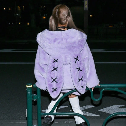 Cappotto viola in pelliccia stile Harajuku giapponese per donna, collezione inverno 2023, nuovo cappotto felpato di media lunghezza con cerniera, stile dark punk.
