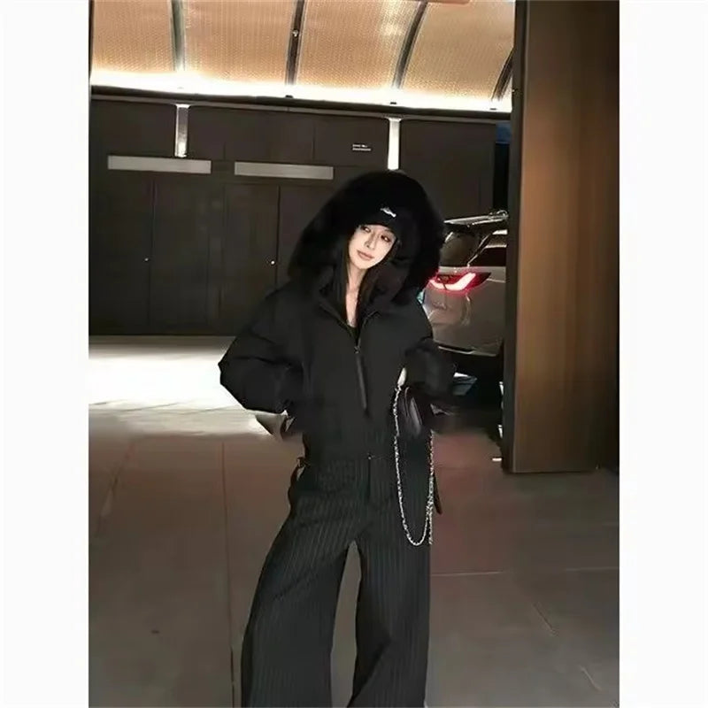 Simple Solid Short Parka Coat Fashion Winter Clothes Zipper Hooded Fur Collar Cotton Padded Coat Women Jacket Street