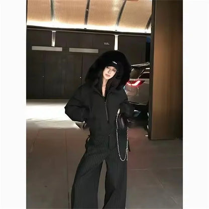Simple Solid Short Parka Coat Fashion Winter Clothes Zipper Hooded Fur Collar Cotton Padded Coat Women Jacket Street