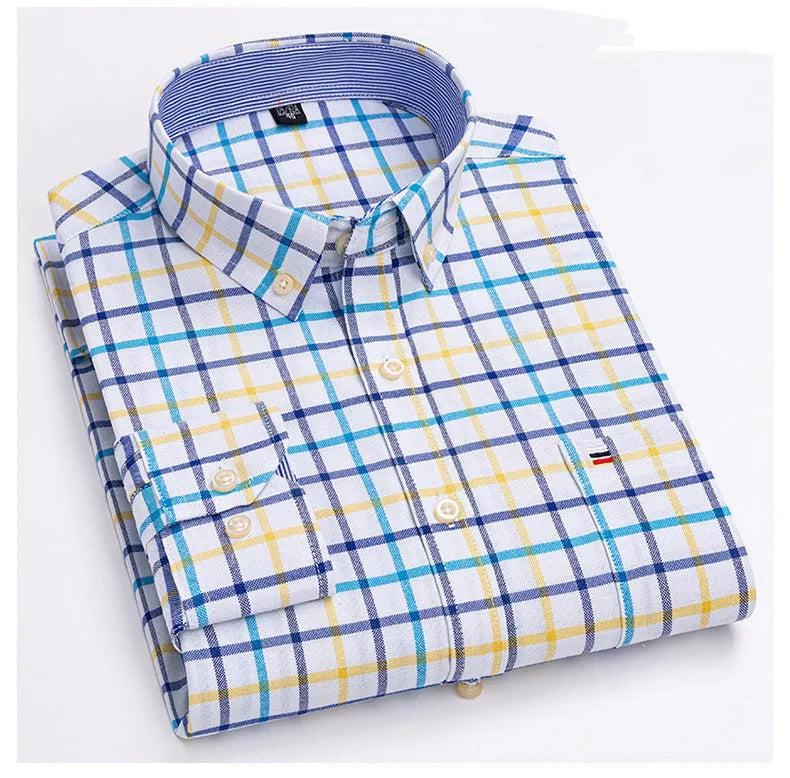 Camicia da uomo a quadri con bottoni a maniche lunghe in cotone 100%, con tasca singola sul petto, vestibilità standard, casual, stile Oxford a quadri e righe