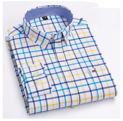 Camicia da uomo a quadri con bottoni a maniche lunghe in cotone 100%, con tasca singola sul petto, vestibilità standard, casual, stile Oxford a quadri e righe