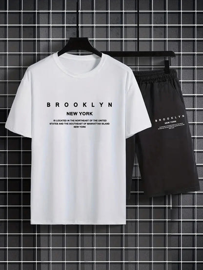 Completo estivo da uomo con pantaloncini a maniche corte, t-shirt di tendenza con stampa girocollo, completo da uomo con completo sportivo a due pezzi da gangster affascinante