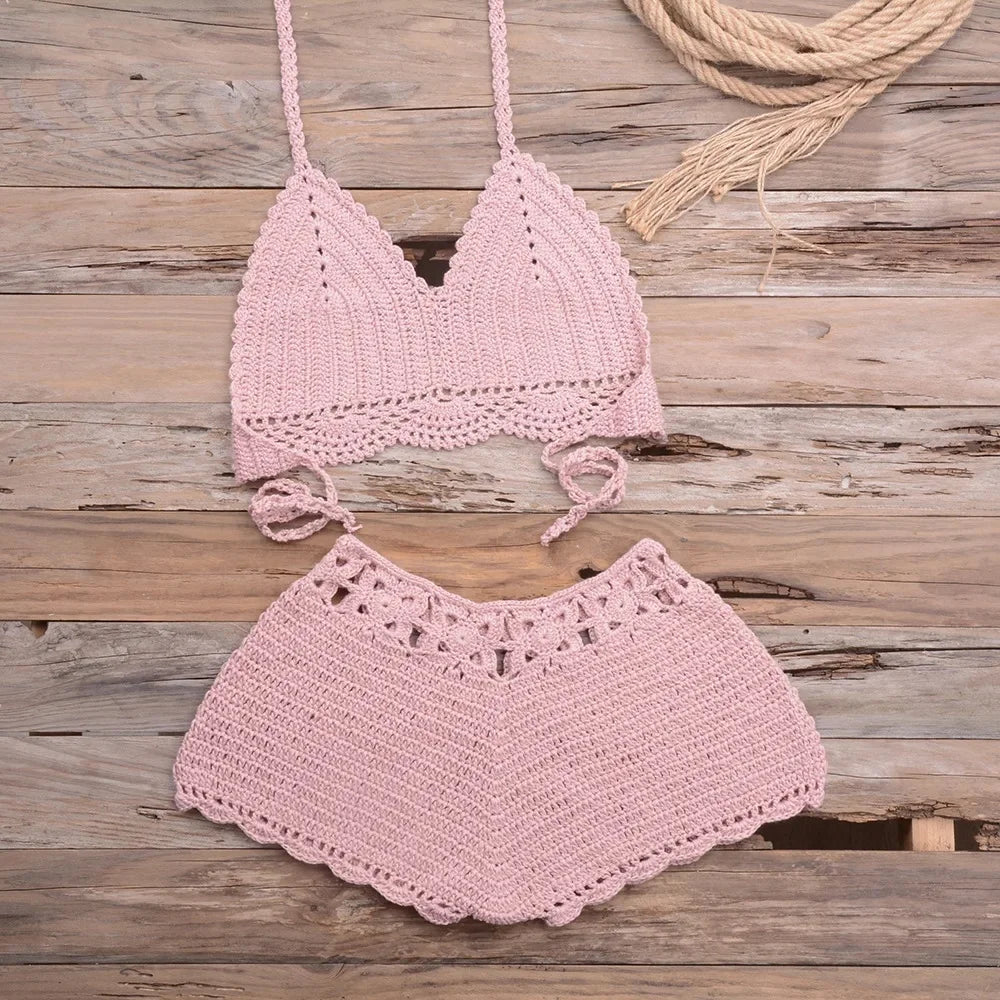 Hand-Knitted Hollow out Bikini Swimwear Beach Holiday Sand Beach Women's Two-Piece Swimsuit Lace Trim Hooked Design Outdoor Spor
