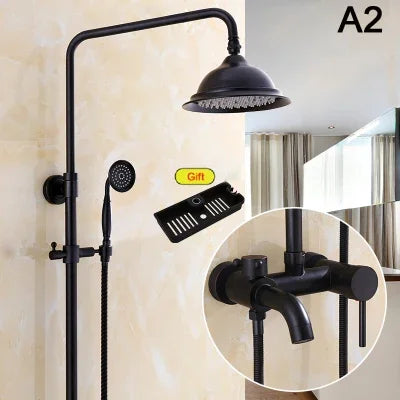 Bathroom Antique Black Painting Brass Lifting Column Wall Mount Shower Set 8" 3-Functions Hot Cold Rainfall Shower Mixer Tap