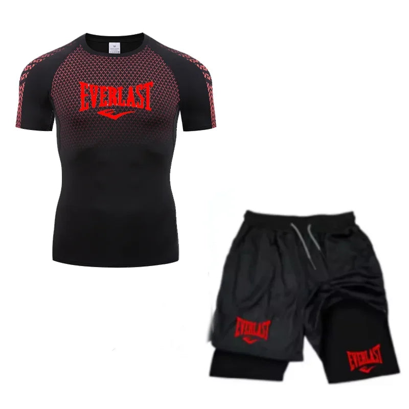 EVERLAST Maglietta a compressione da uomo + pantaloncini sportivi 2 in 1 Set 2 pezzi Tempo libero Traspirante Manica corta Sport Jogging Palestra Abbigliamento di marca Stampa