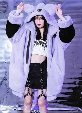 Japanese Harajuku Rabbit Ears Fur Purple Coat for women 2023 Winter New Women's Dark Punk Mid-Length Zipper Plush Coats Street