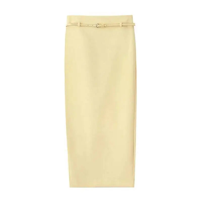 Women Fashion Suit Yellow V-Neck Sleeveless Belt Sngle Breasted Tops+High Waist Pocket Belt Long Skirts Female Summer Set JHX6