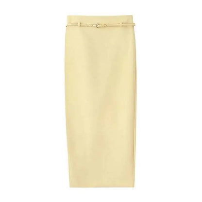 Women Fashion Suit Yellow V-Neck Sleeveless Belt Sngle Breasted Tops+High Waist Pocket Belt Long Skirts Female Summer Set JHX6