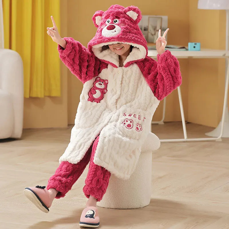 Stitch 2 pezzi pigiama in velluto Kawaii genitore-figlio Kawaii cartone animato anime bambine bambino accappatoio con cappuccio spesso caldo casual carino set di abbigliamento per la casa