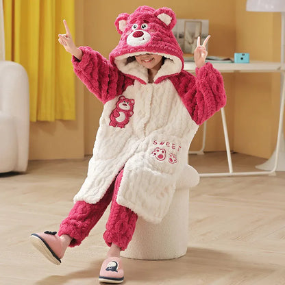 Stitch 2 pezzi pigiama in velluto Kawaii genitore-figlio Kawaii cartone animato anime bambine bambino accappatoio con cappuccio spesso caldo casual carino set di abbigliamento per la casa