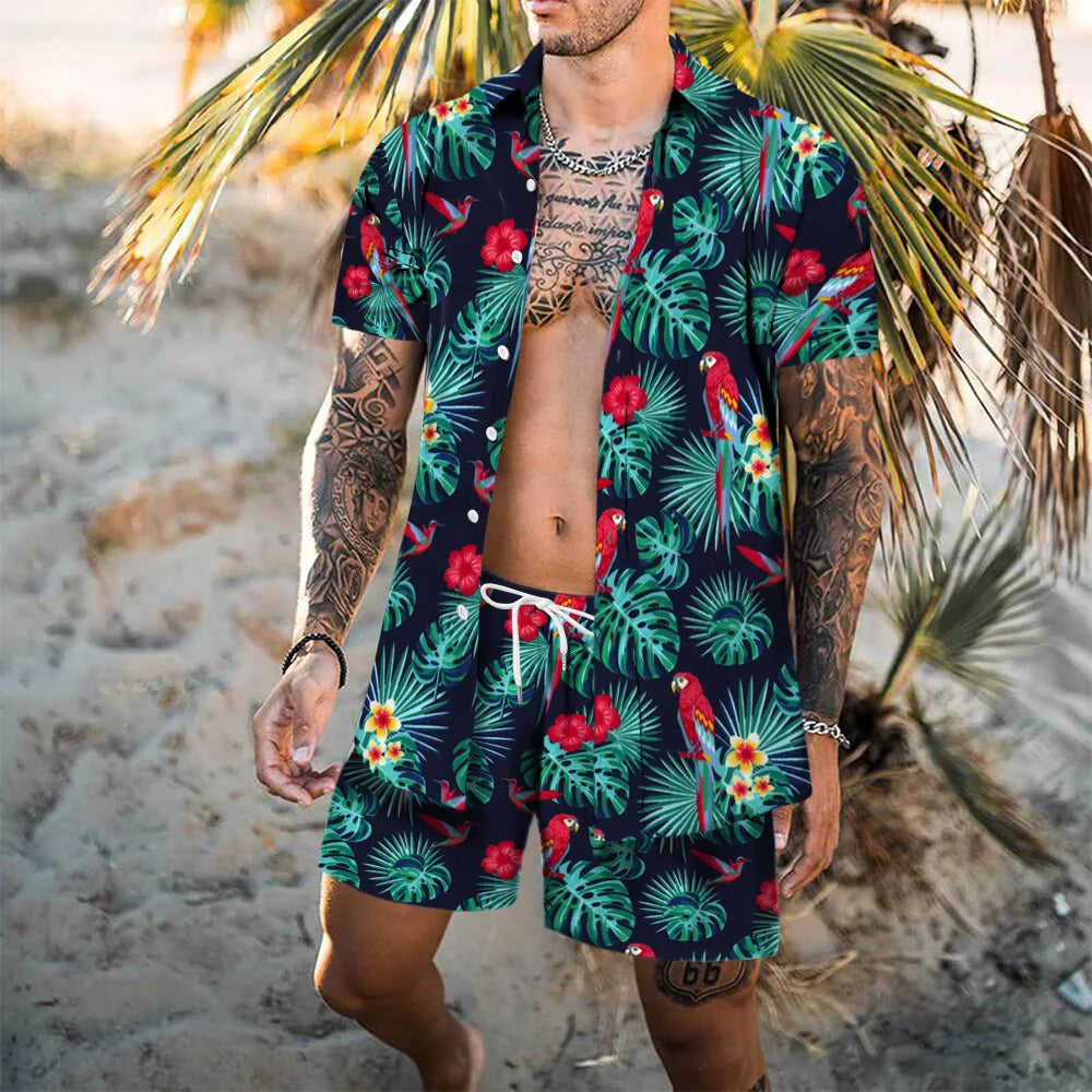 Completo da spiaggia hawaiano da uomo, 2 pezzi: camicia con stampa 3D, maniche corte, pantaloncini da spiaggia, camicia casual, set due pezzi alla moda per le vacanze.