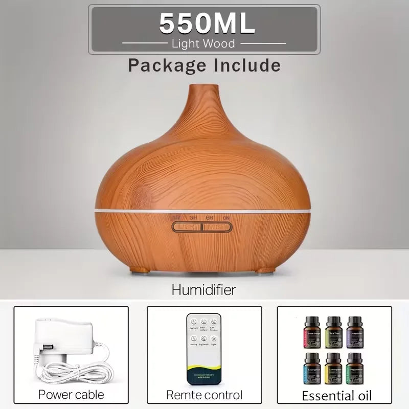 Diffusore di oli essenziali per aromaterapia con finitura effetto legno, telecomando, umidificatore ad ultrasuoni e luce LED a 7 colori.