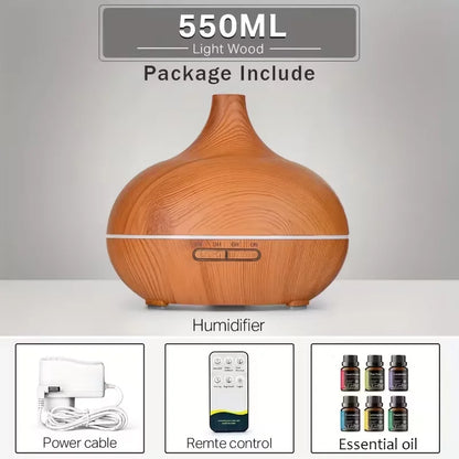 Diffusore di oli essenziali per aromaterapia con finitura effetto legno, telecomando, umidificatore ad ultrasuoni e luce LED a 7 colori.