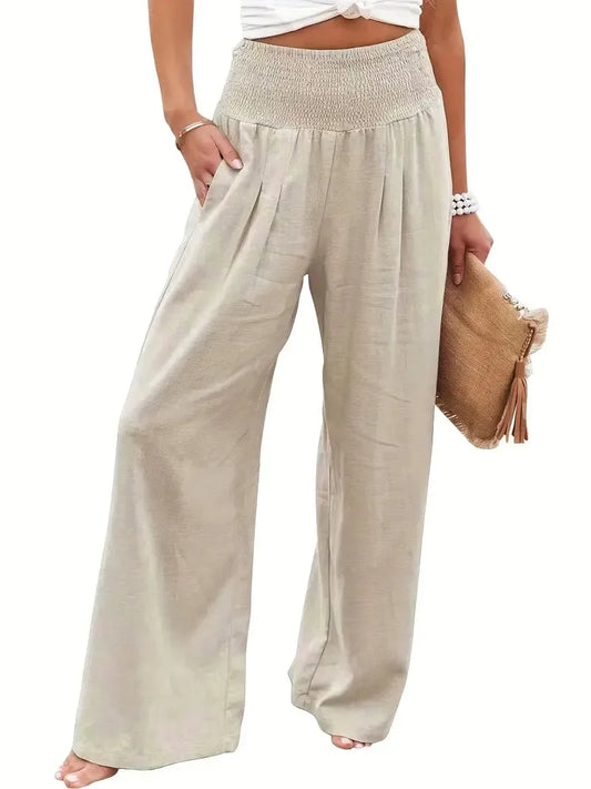 Women's Beige Waist Wide Leg Pants Smocked High Waist Pockets Loose Fit Casual Trousers Spring Summer Boho Beach Vacation Pants