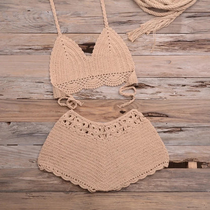 Hand-Knitted Hollow out Bikini Swimwear Beach Holiday Sand Beach Women's Two-Piece Swimsuit Lace Trim Hooked Design Outdoor Spor