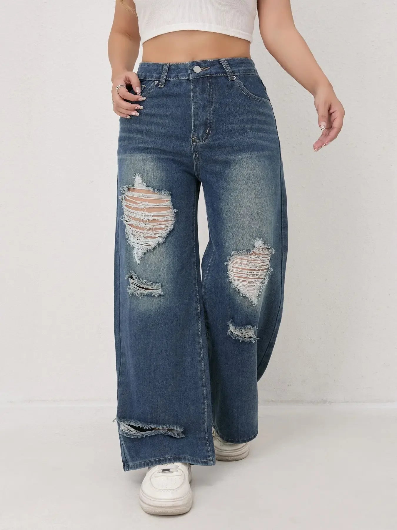 Jeans dritti a gamba larga effetto consumato alla moda per donna, pantaloni in denim casual elasticizzati a zampa d'elefante, bestseller, jeans da donna alla moda