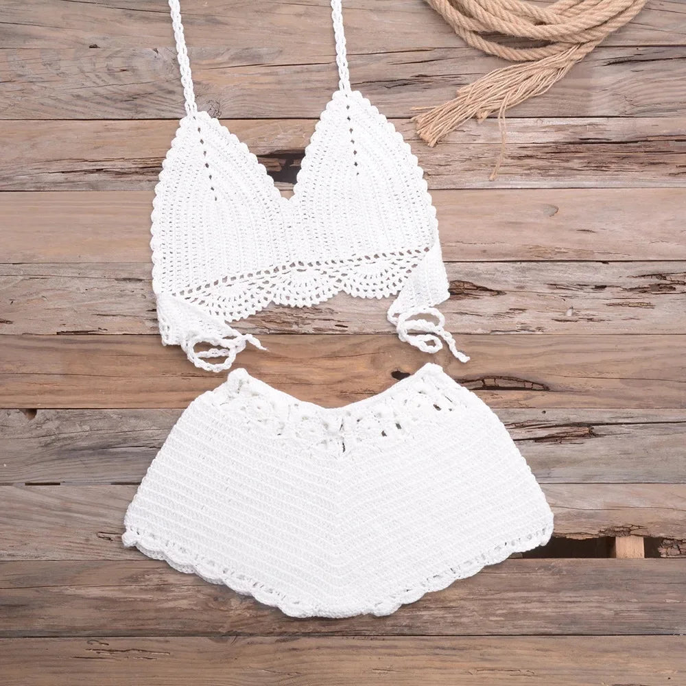 Costume da bagno bikini traforato lavorato a mano, ideale per vacanze al mare, spiaggia, sabbia, due pezzi da donna, con bordo in pizzo e design a gancio, per attività all'aperto e sport.