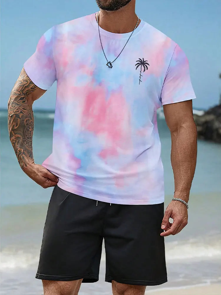 Completo estivo casual da uomo composto da 2 pezzi: pantaloncini a maniche corte con stampa hawaiana, t-shirt da uomo e pantaloncini da spiaggia per sport all'aria aperta.