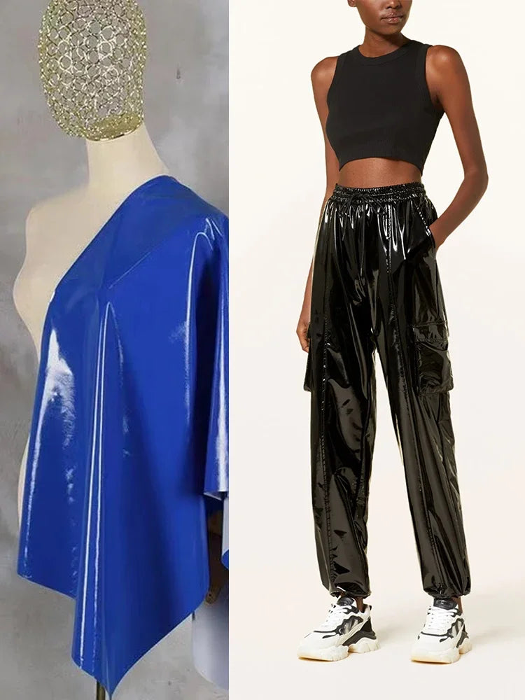 Casual High Waist Faux Latex Cargo Pants Women Shiny Patent Leather Drawstring Elastic Waistband Bloomers PU Sweatpants Custom