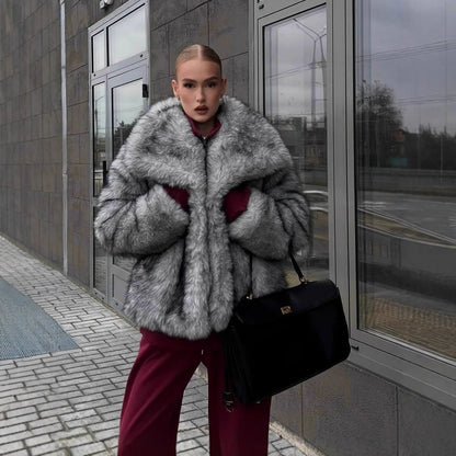 Faux Fox Fur Coats Women Jackets Color Block Turn Down Collar Long Sleeves Loose Fit Open Stitch Thick Casual 2025 Autumn Winter