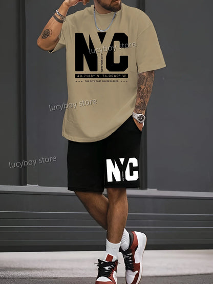 Completo sportivo da uomo con t-shirt e pantaloncini stampati con scritta NC NEW YORK, tuta di lusso da corsa oversize in 2 pezzi.