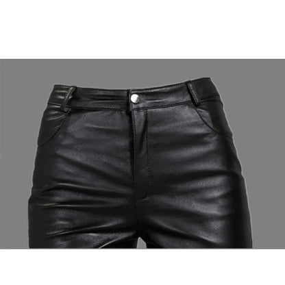 Pantaloni da donna in pelle, vita media, svasati, vera pelle di pecora, pantaloni da ufficio, taglie forti, pantaloni casual in pelle, primavera e autunno