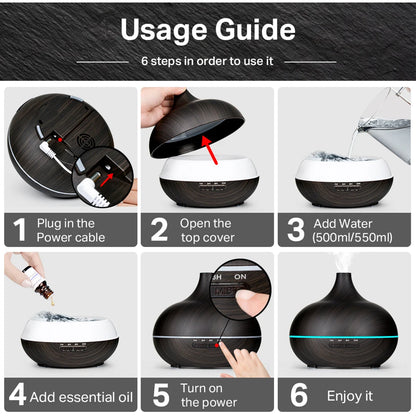 Diffusore di oli essenziali per aromaterapia con finitura effetto legno, telecomando, umidificatore ad ultrasuoni e luce LED a 7 colori.