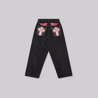Personality Pocket Splicing Fashionable Design Wing Pattern Baggy Straight-leg Jeans Korean Style New Popular Denim Pants