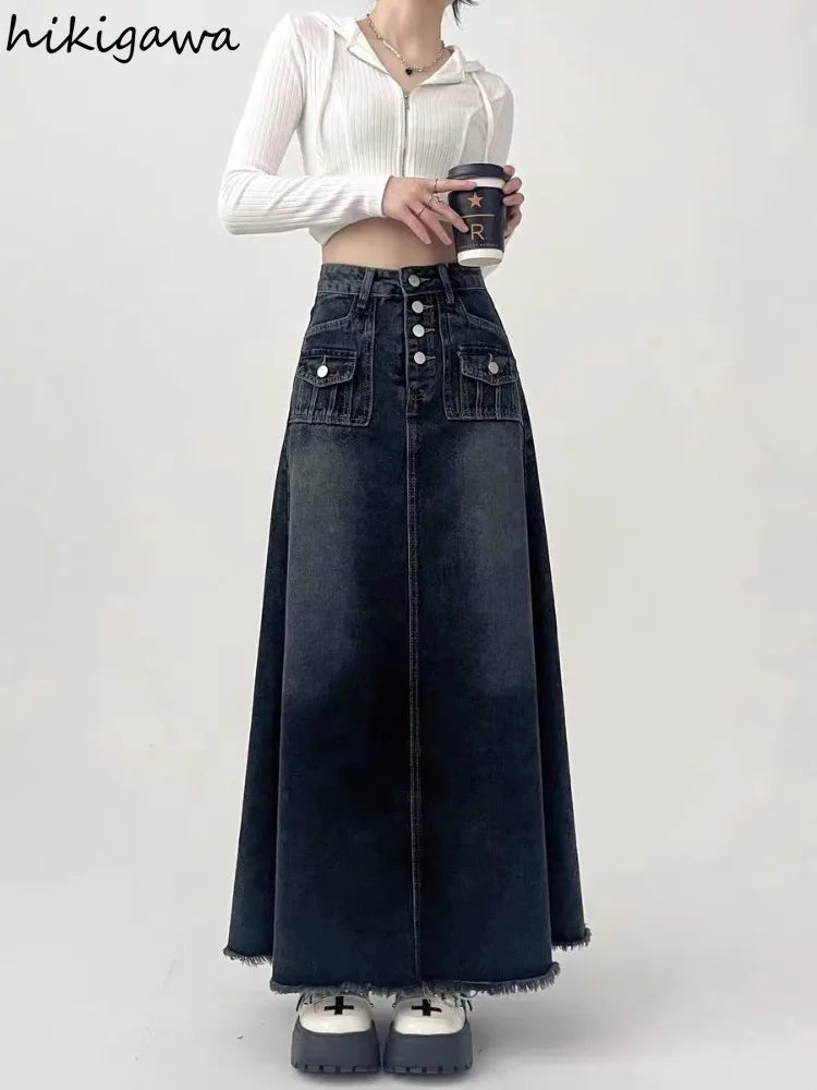 Streetwear Y2k Skirt for Women 2025 Ropa Mujer High Waist A-line Vintage Jupe Fashion Casual Korean Saia Long Denim Skirts 7n185