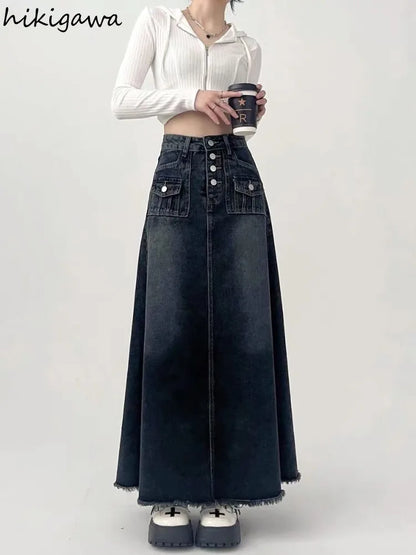 Streetwear Y2k Skirt for Women 2025 Ropa Mujer High Waist A-line Vintage Jupe Fashion Casual Korean Saia Long Denim Skirts 7n185