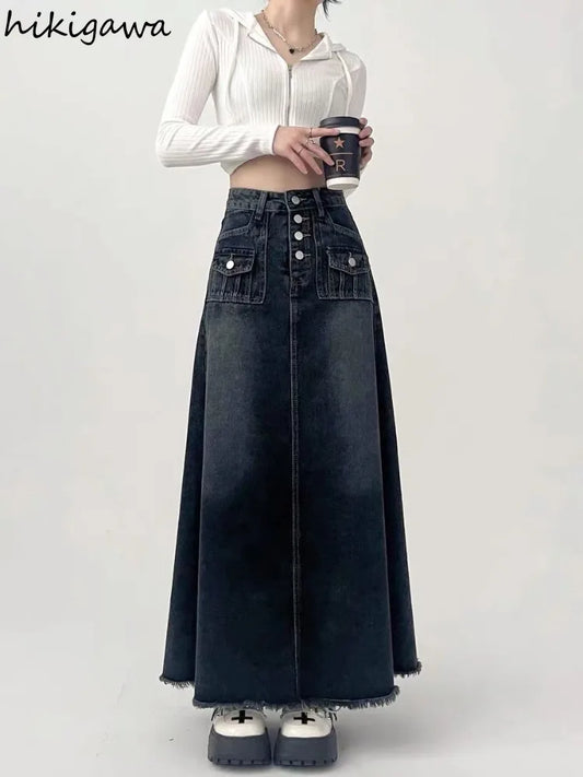 Streetwear Y2k Skirt for Women 2025 Ropa Mujer High Waist A-line Vintage Jupe Fashion Casual Korean Saia Long Denim Skirts 7n185