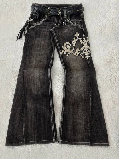 Y2K new American retro embroidery pattern women horn -shaped jeans street fashion Gothic slim mop pants women jeans