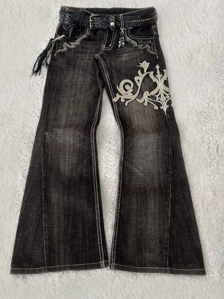 Jeans da donna Y2K con ricamo retrò americano, modello a corno, street fashion, pantaloni slim gotici, jeans da donna