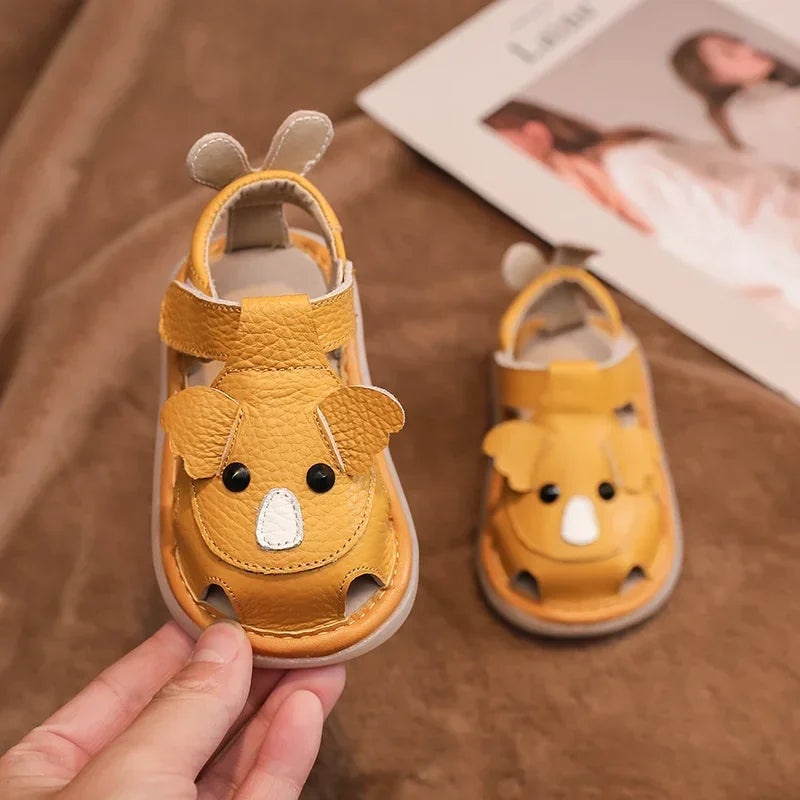 Sandali in vera pelle per neonati e bambini, scarpe estive da spiaggia con personaggi dei cartoni animati, scarpe casual per neonati con suola morbida e antiscivolo.