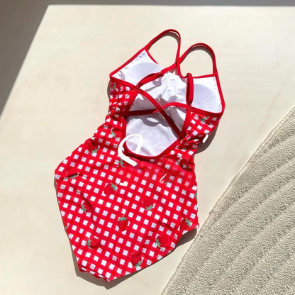 Red Strawberry Plaid Speed Suit Swimming Suit Women's Conservative One-Piece Swimsuit Quick-Dry High Elasticity Backless