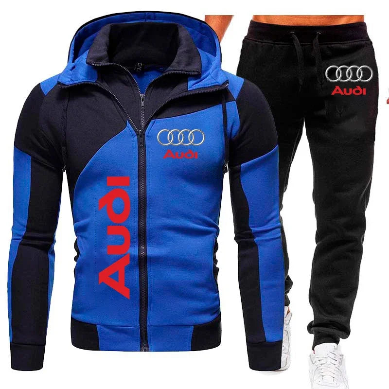 Tuta sportiva con logo Audi, set di 2 pezzi in pile caldo, felpa con cappuccio + pantaloni, tuta sportiva Audi da uomo