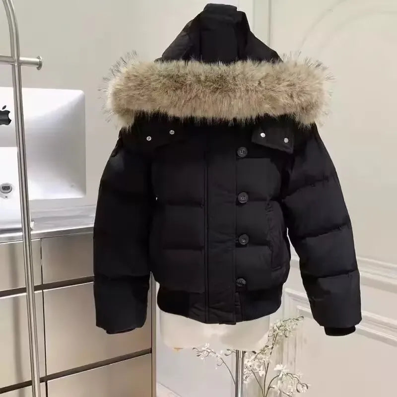 Fashion Women's Loose Short Down Cotton Jacket with Detachable Hat Fur Collar Parkas Winter Warm Thicken Snow Outerwear
