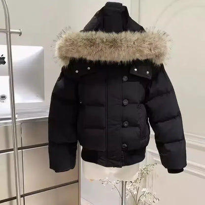 Fashion Women's Loose Short Down Cotton Jacket with Detachable Hat Fur Collar Parkas Winter Warm Thicken Snow Outerwear
