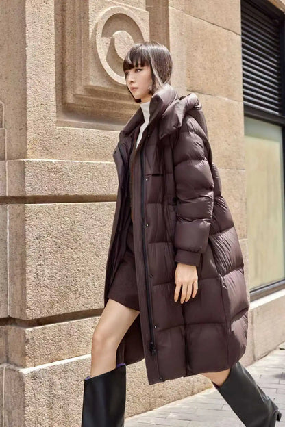 Winter Hooded Warm Knee Length Down Jacket Female Loose Zipper Thicken Jackets Women White Duck Down Casual Parker Long Outwears