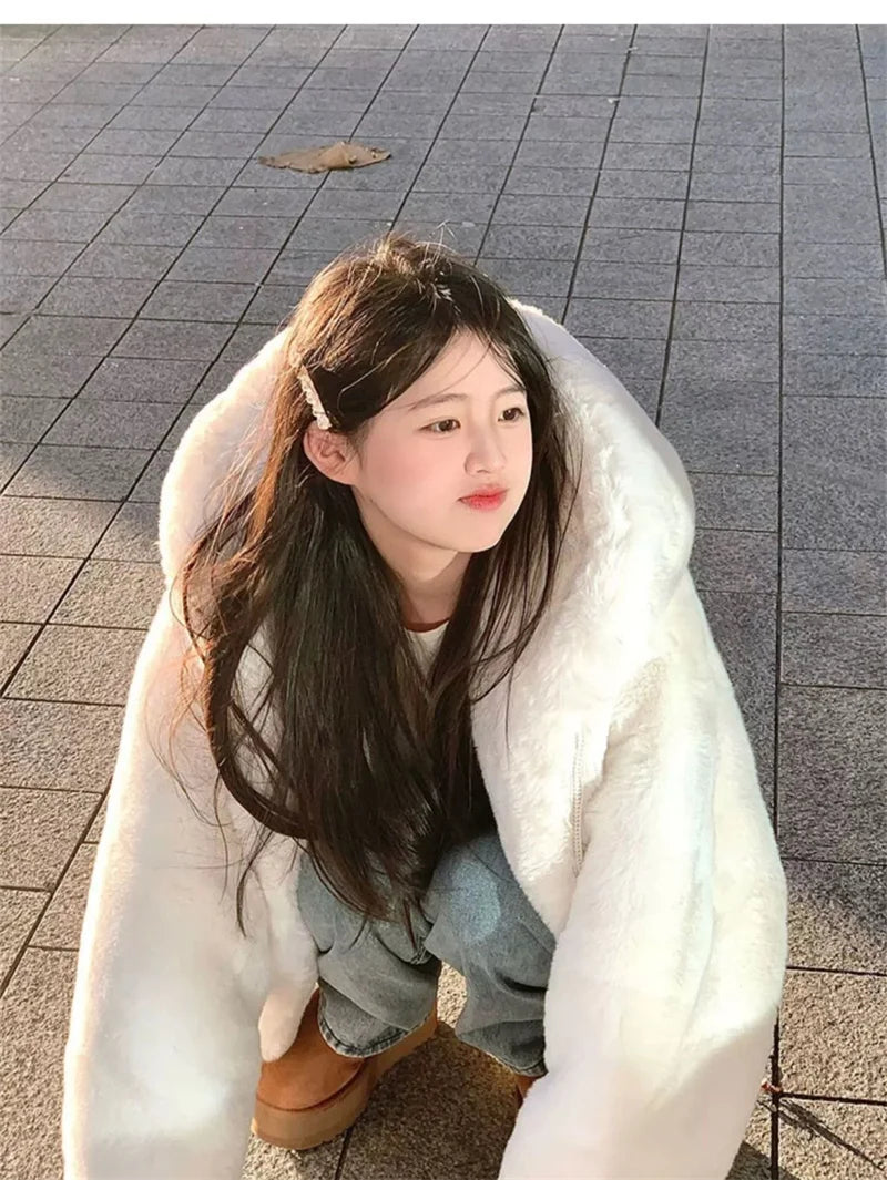 Korean Thickened Mink Velvet Coat Women Winter Clothes New Jacket Version Loose Imitation Rabbit Fur Plush Hooded Fur Coat