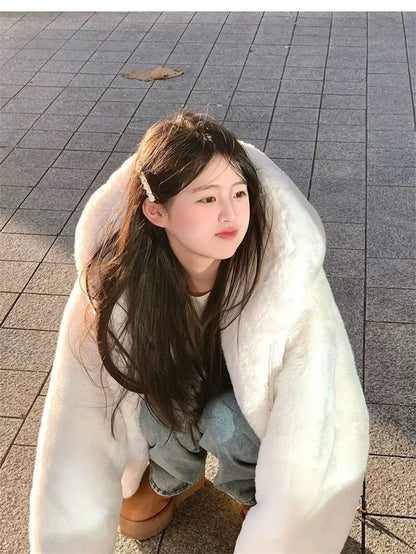 Korean Thickened Mink Velvet Coat Women Winter Clothes New Jacket Version Loose Imitation Rabbit Fur Plush Hooded Fur Coat
