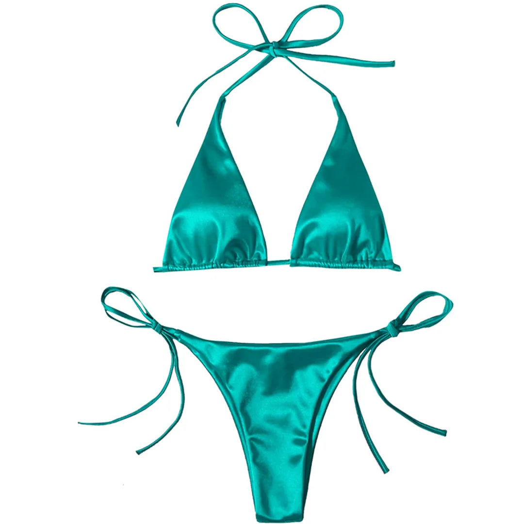 Bikini brasiliano sexy in raso con allacciatura al collo, disponibile in 13 colori, per donna. Costume da bagno a due pezzi. Set bikini da bagno K4966