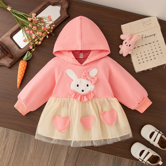 Maglietta per bambina con coniglietto, colore rosa, con cappuccio e maniche lunghe (6-24 mesi), ideale per la primavera e l'autunno (6-24 mesi).