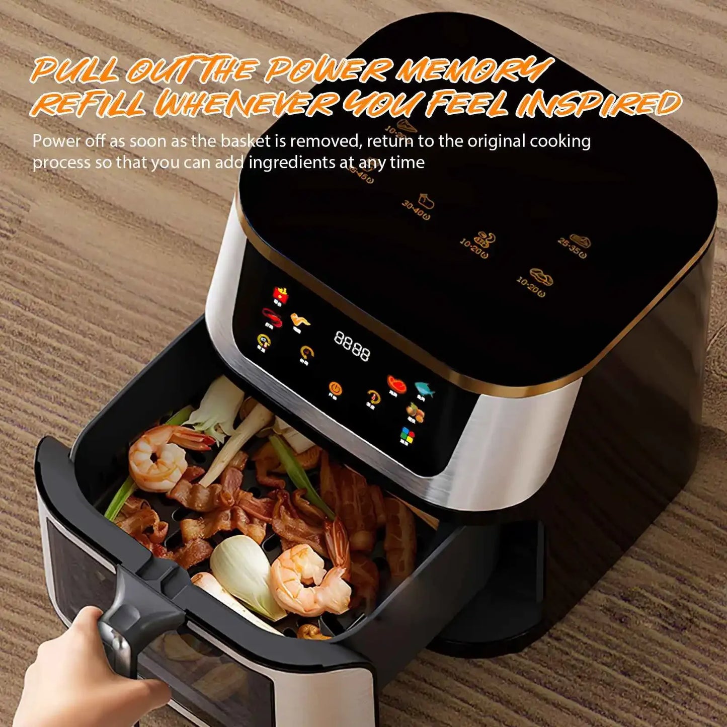 Friggitrice ad aria elettrica ad alta capacità visibile in acciaio inossidabile da 8 litri, forno ad aria multifunzione, touch screen a LED, alta temperatura a 210 °