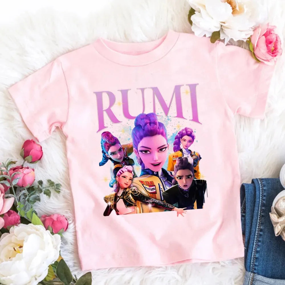 2026 Maglietta per bambine in morbido cotone con stampa del film KPop Demon Hunters - Regali per i fan - Abbigliamento per bambini - Top casual alla moda
