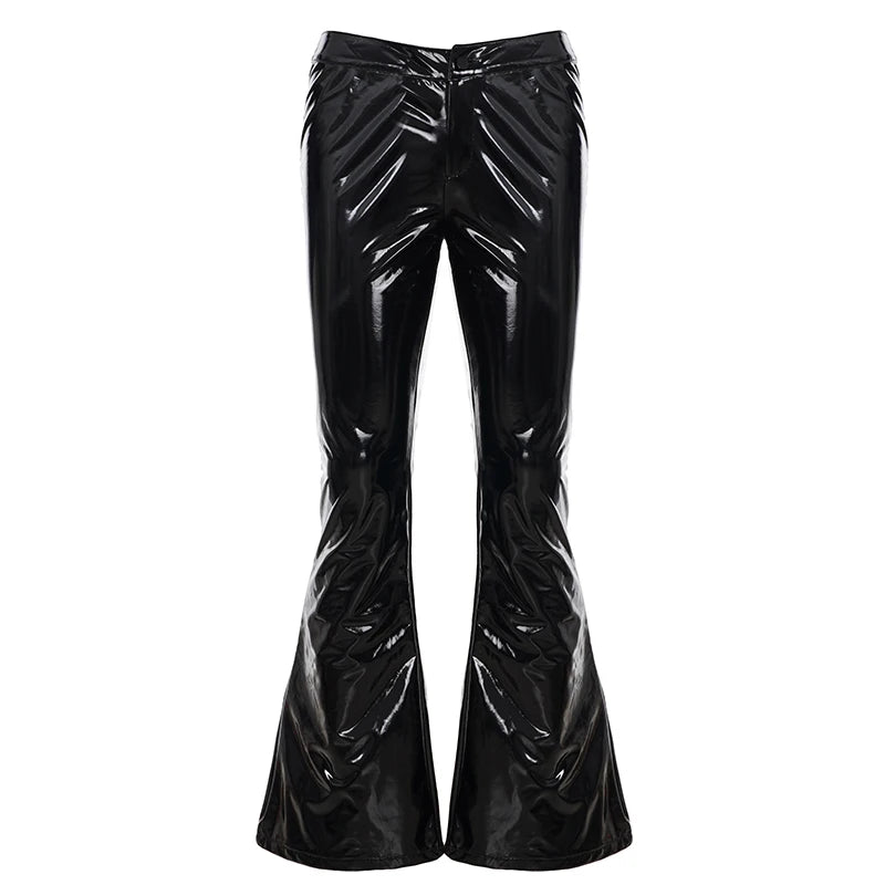 Dark Slim-Fitting Pu Leather Pants Punk Style Sexy Solid Low-Waisted Flare Pants Women 2025 Autumn Winter Fashion Streetwear